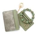 Sage green leather card holder keychain set with silicone beaded wristlet and gold ring - Green