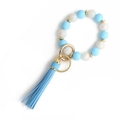 Light blue and marble white silicone bead wristlet keychain with leather tassel and gold ring - Sky Blue