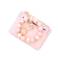 Porte-cartes en cuir rose rayé avec bracelet en perles silicone et fermoir doré - B1 Rose