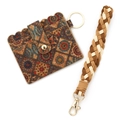 Bohemian printed cork card holder with a three-color braided wristlet and gold hardware - Blue Geometric Print (6 Geometric)