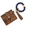 Tarjetero de corcho con flores bohemias y llavero de pulsera con cuentas de silicona azul - Geométrico Azul Púrpura