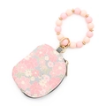 Pink floral printed leather wristlet wallet with silicone bead keychain bracelet - Light Pink