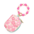 Pink floral wristlet pouch with pink silicone beaded bracelet and gold keychain - Deep Pink