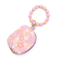 Floral print mini wristlet bag with orange and purple beaded bracelet keychain - Purple