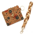 Cork card holder with retro floral pattern and matching braided wrist strap set - Vintage Blue & Orange Floral (9 Small Flowers)