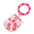 Pink floral print wristlet wallet with silicone bead keychain and gold hardware strap - Rose Red