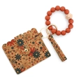 Tarjetero de corcho con cuentas de silicona naranjas y diseño floral verde - Flor Pequeña Marrón Rojo