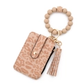 Portefeuille léopard en cuir avec bracelet en perles de silicone et breloque à pompon - Kaki