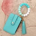 Teal PU leather card holder set with colorful silicone beads and tassel on stone base - Mint Green