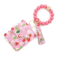 Pink strawberry print card holder keychain with silicone beaded wristlet strap - A1 Strawberry Red