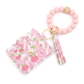 Peach print leather card holder with pink silicone bead bracelet and gold keychain - A3 Peach Pink