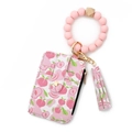 Pink silicone bead bracelet key ring with peach print zipper card wallet and tassel - B2 Peach