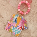 Pulsera de cuentas de silicona con tarjetero de cuero PU y estampado de plantas tropicales - Hoja rosa