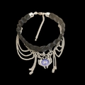 Dark gothic woven leather choker necklace with blue evil eye pendant and silver metal chains - Black