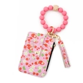 Pink strawberry print card holder keychain with silicone beads bracelet and tassel - B4 Strawberry