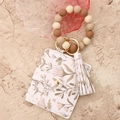Floral white leather card wallet with Morandi silicone bead wristlet keychain set - Khaki Small Flower