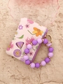 Pink floral printed wallet with purple beaded wristlet and gold keyring accessory - Purple Series Purple Flower