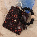 Silicone bead wristlet keychain with mushroom print wallet and leather tassel - 6# Black Red Mushroom