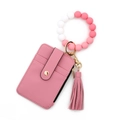 Portacarte rosa con trama litchi con bracciale in perline di silicone e nappa in pelle - Rosa