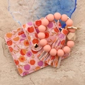 Pink floral card wallet with orange silicone bead bracelet and leather tassel keychain - 8# Peach