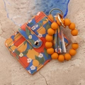 Silicone bead keychain with orange pattern leather card holder and tassel wristlet - 9# Lemon Orange