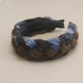 Close-up of bohemian braided headband with blue and brown yarn and non-slip inner teeth - Coffee Blue