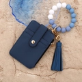 Blue leather card wallet with silicone beaded wristlet keychain and matching tassel - Dark Blue