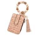 Leopard print leather card holder with silicone bead keychain bracelet and tassel charm - Khaki