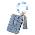 Blue leopard print card holder wallet with silicone bead wristlet and tassel charm - Grey Blue