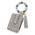 Grey leopard print card holder wallet with morandi silicone bead bracelet keychain - Gray