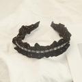 Close-up of velvet headband with sparkling rhinestones and elegant pleated ruffles - Pleated Edge Stripe Rhinestone Dark Coffee
