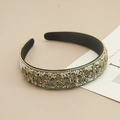 Detailed view of handmade Baroque headband featuring grey crystals and white pearls - Black Marquise Crystal