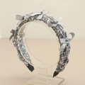 Elegant silver sequined headband with grey ribbon bows and pearls for women - Gray