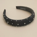 Serre-tête rembourré noir en tissu avec strass brillants et perles argentées pour femme - Noir