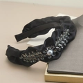 Luxurious black pleated satin headband with rhinestone leaf and grey faux pearl decor - Rhinestone Flower Leaf Style / Black