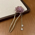 Detail of purple enamel flower U-shaped hair pin with gold tassels and white pearls - Peony Purple