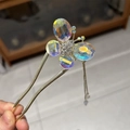U-shaped butterfly hair pin with iridescent crystals and long metallic tassel detail - Full Rhinestone Butterfly (U-Shape)