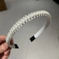 Detail of elegant white satin headband with micro-pave pearls and sparkling rhinestones - Double Row Pearl with Rhinestone