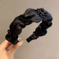 Elegant black pleated satin headband with rhinestone leaf accents for women's hair styling - Handmade Beaded Style / Black