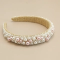 Baroque woven headband featuring white and pink pearls with gold metallic thread - Pink Tone with Pearl