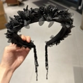 Handmade black floral headband with crystal bead tassels and vintage mesh flowers - Black Tassel