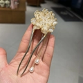 Vintage Chinese style hair pin featuring a white peony flower with golden edges and pearls - Peony Champagne