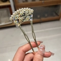 Horquilla china vintage en forma de abanico con perlas y diseño de bambú calado - Dorado
