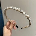 Detail of braided headband with white faux pearls and large oval crystal rhinestones - Khaki