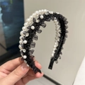 Diadema elegante de doble capa con perlas, flores de encaje negro y cristales brillantes - Negro