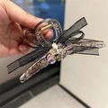 Elegante pinza per capelli grande con fiocchi di pizzo nero, cristalli viola e perline - Nastro Nero