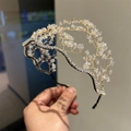 Cerchietto vintage francese in filo dorato con perline di cristallo e rete intrecciata - Bianco Trasparente