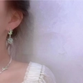 Green cat's eye stone pendant necklace and earrings set with white pearls for women - Drop Earrings