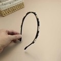Elegant thin black headband with sparkling crystals and golden metal settings - Black