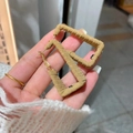 Chic beige leather textured rectangular hoop earrings with elegant gold metal finish - Rectangle / Khaki